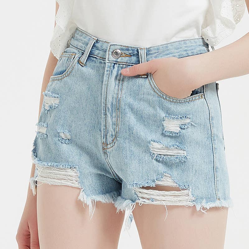 HIGH-WAISTED RIPPED HOT PANTS DENIM SHORTS