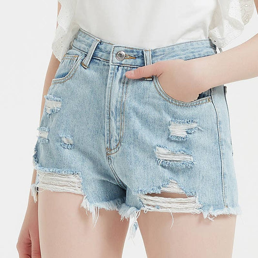 HIGH-WAISTED RIPPED HOT PANTS DENIM SHORTS