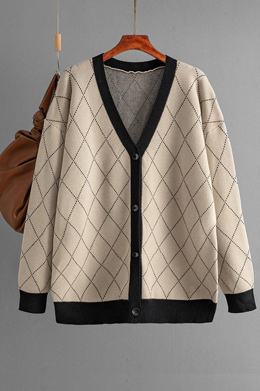 CWOCAL00676_V NECK LOOSE BUTTON PLAID KNIT CARDIGAN