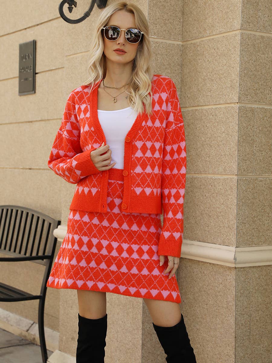 V-neck cardigan knit skirt two-piece set