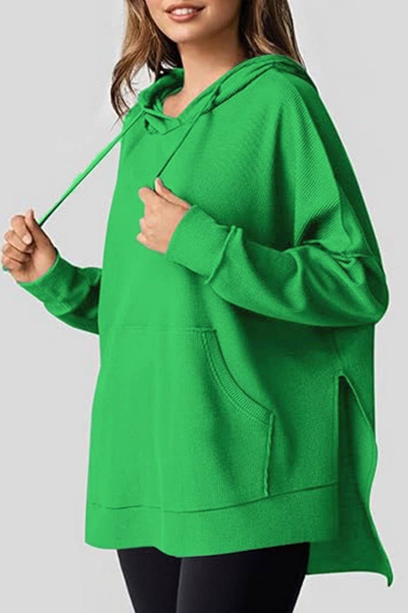 CWOHOL00633_RELAXED WAFFLE KNIT SIDE SLIT HOODED PULLOVER