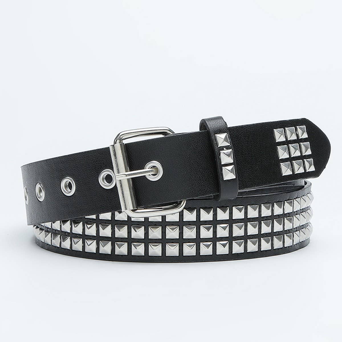 CWABE0374_SQUARE BEAD RIVET PYRAMID INLAID PUNK STYLE  BELT
