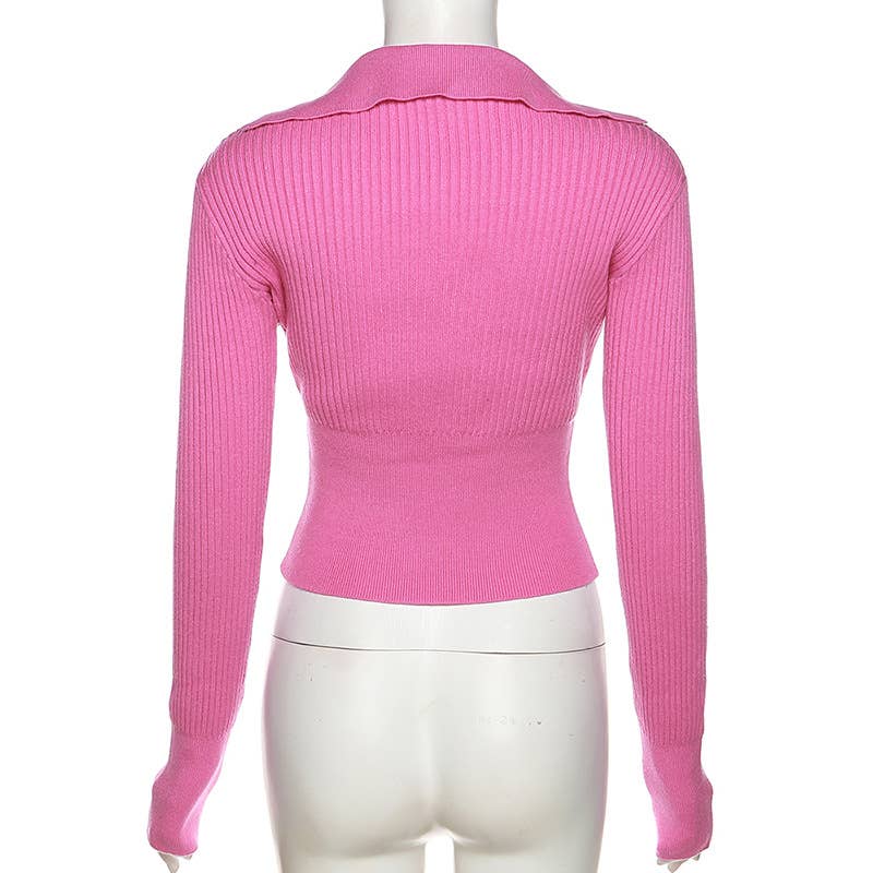 LONG SLEEVE LAPEL SOLID COLOR SLIM CROP KNIT TOP