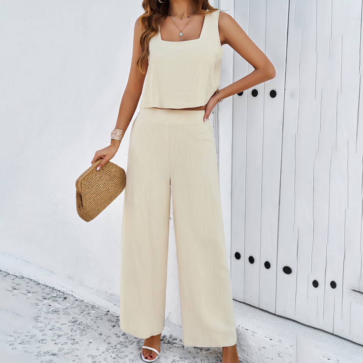 SOLID SLEEVELESS VEST AND PANTS SUIT_CWSTB0514