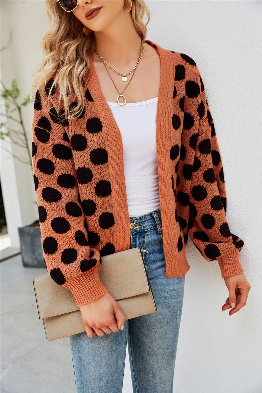 Single breasted polka-dot loose knit cardigan coat