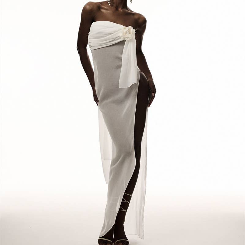 Off Shoulder Bow Mesh Asymmetrical Dress