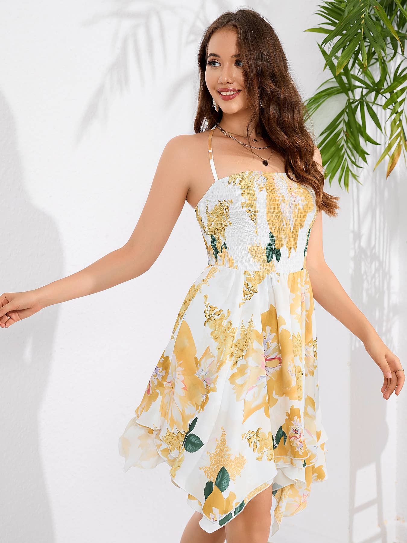 PRINTED HALTER NECK STRAP SLIM-FIT DRESS