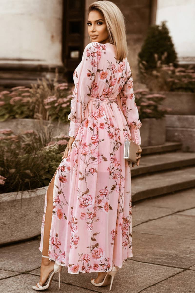 CWDMD4114_AUTUMN FLORAL PRINT V-NECK LONG-SLEEVED DRESS
