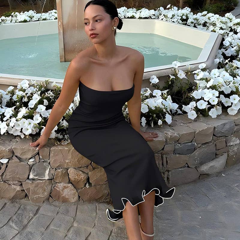 Strapless Ruffle Hem Bodycon Maxi Dress