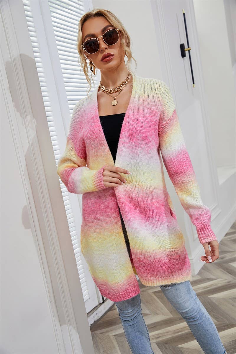 CWOCAL0935_RAINBOW TIE-DYE MID-LENGTH KNITTED CARDIGAN COAT