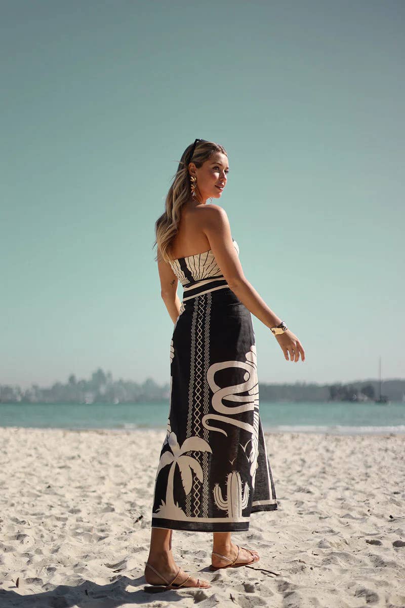 Sexy print strapless backless split skirt set