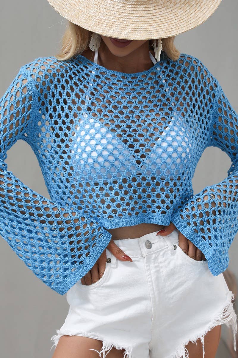CWTSTL1025_Mesh crochet long-sleeved Cover Ups