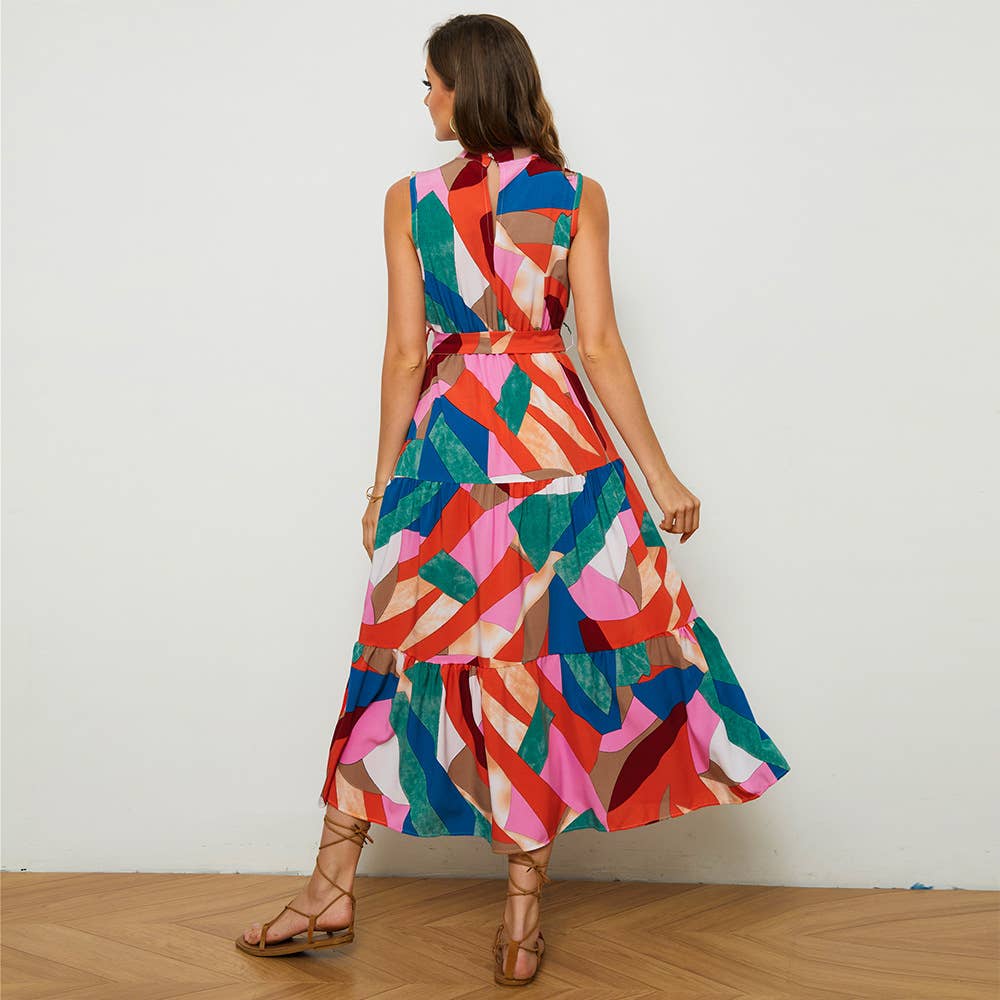 STAND COLLAR PRINT BOHO HOLIDAY SLEEVELESS DRESS