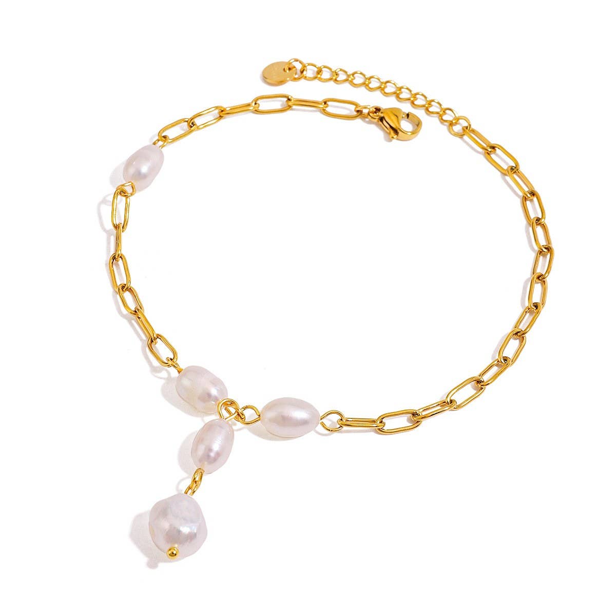 18K Gold Pearl Paperclip Anklet, Stainless Steel_CWAJE4848
