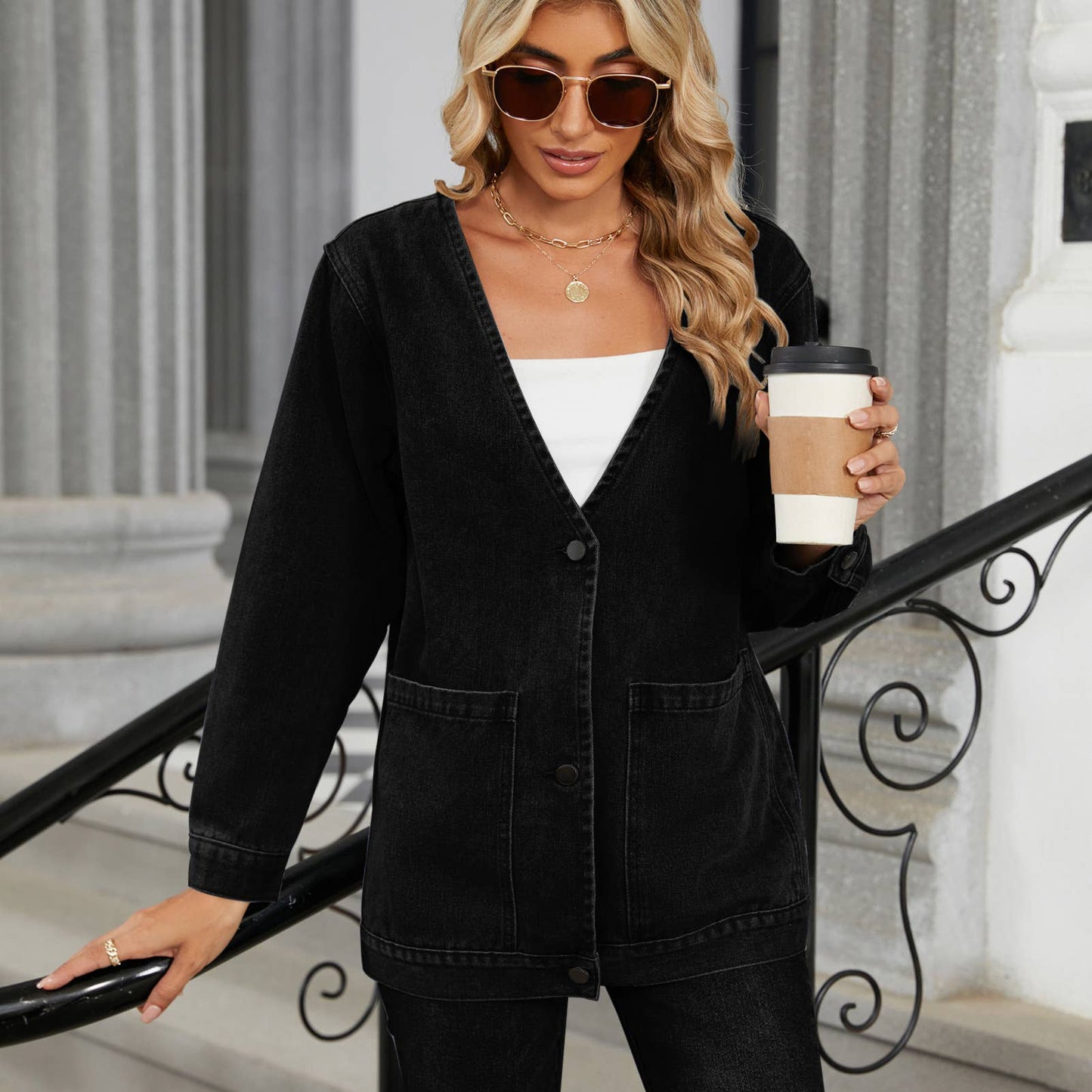 WASHED LONG SLEEVE V-NECK DENIM COAT TOP