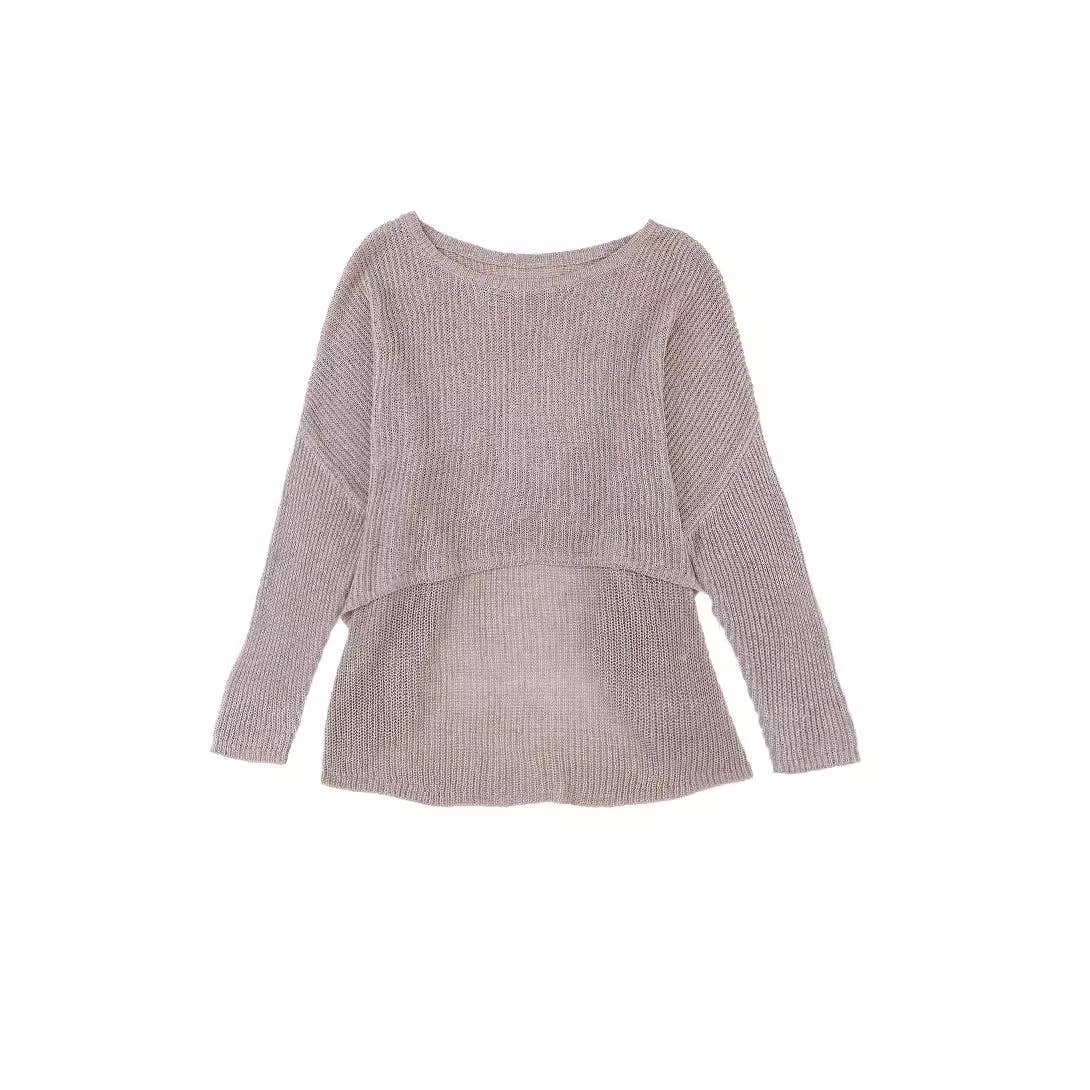 HOLLOW-OUT SOLID COLOR CREW NECK PULLOVER SWEATER