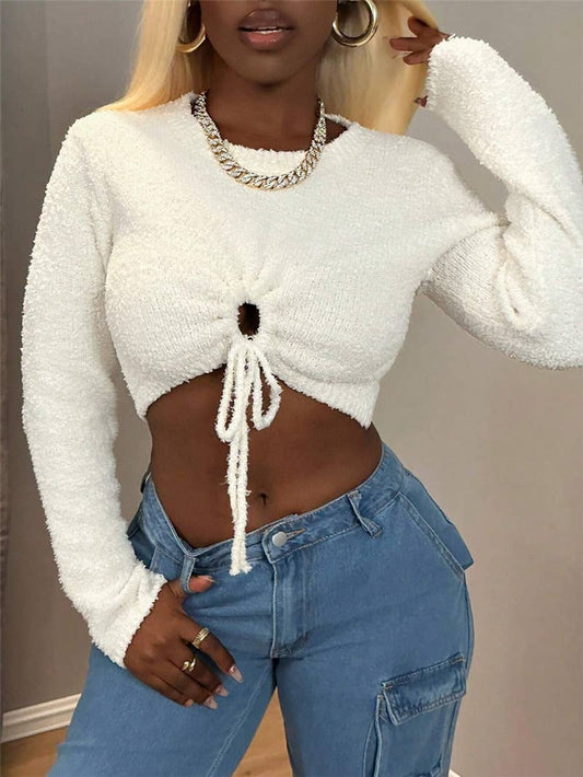 Slim short plush cutout drawstring sweater