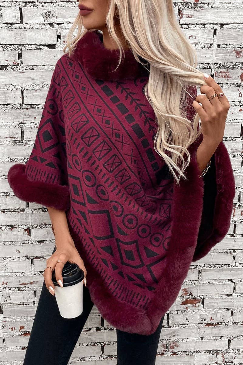 CWOSWS0094_FUR COLLAR GEOMETRIC PATTERN SWEATER SHAWL