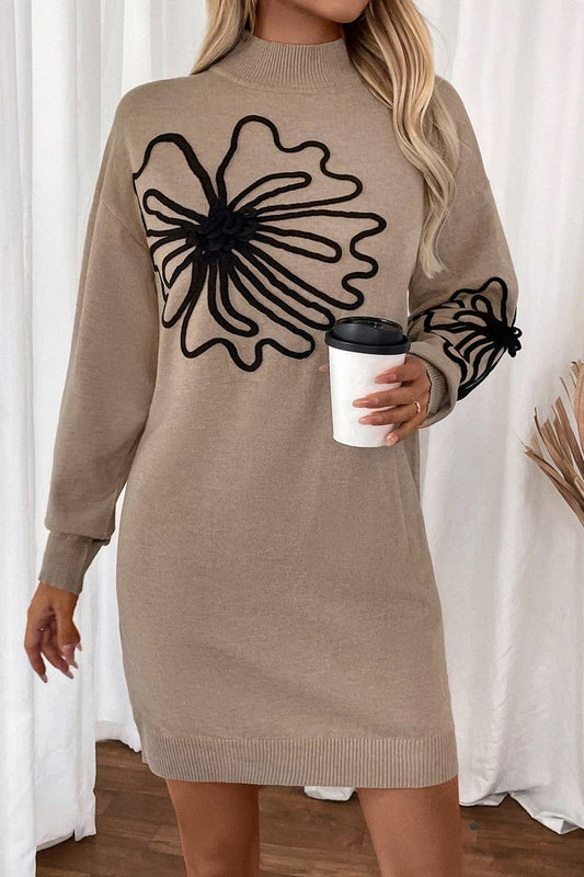 CWDSD7266_AUTUMN AND WINTER MID COLLAR FLORAL SWEATER DRESS