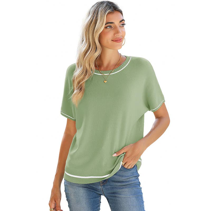 Round-neck,short-sleeved, color-blocked sweater