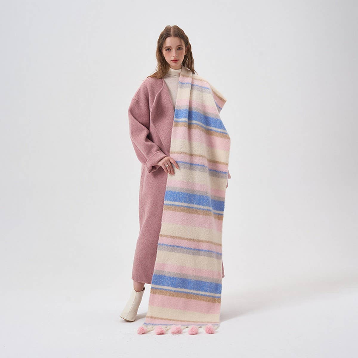 Cozy Colorblock Stripe Pom-Pom Scarf for Winter