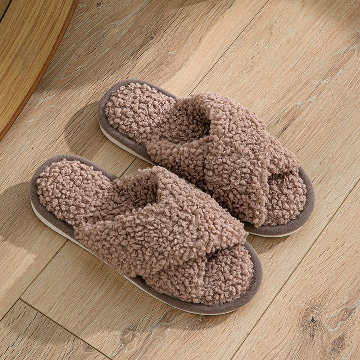 FURRY CROSS STRAP COTTON SLIPPERS