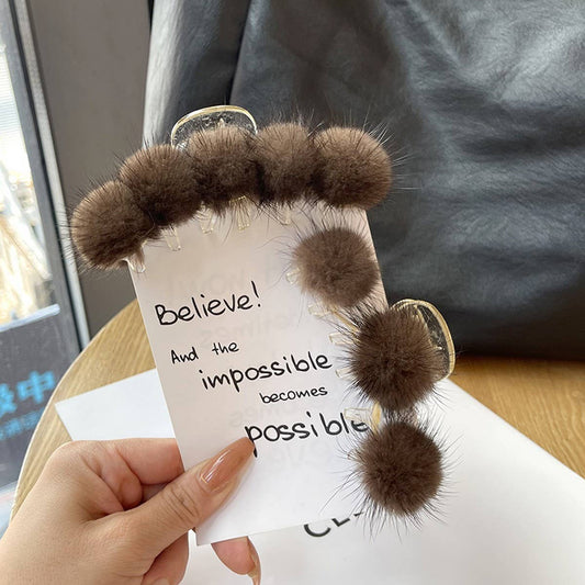 TEMPERAMENT REAL MINK FUR PLUSH BALL HAIRPIN