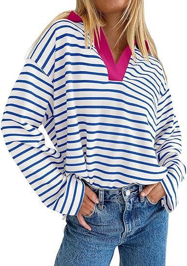 STRIPED V-NECK LOOSE LONG-SLEEVED HOODIE