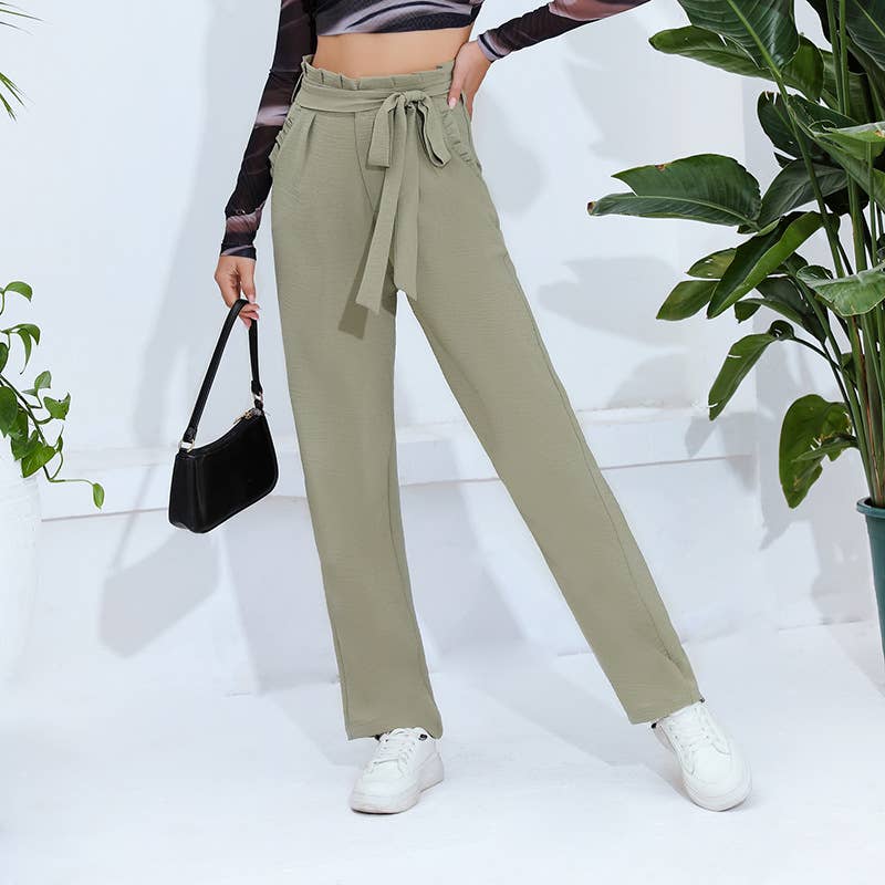 Solid Color Tie Waist High Rise Slim Fit Pants