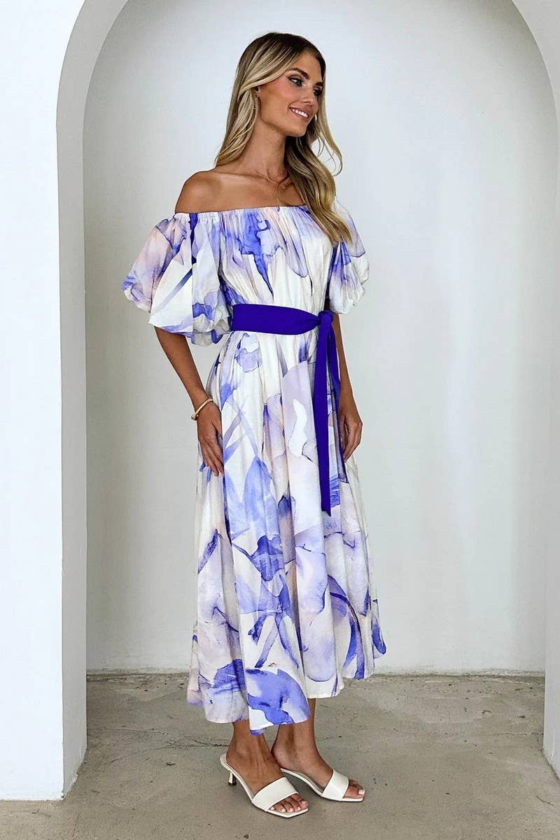 CWDMD5899_ELEGANT OFF-SHOULDER WAISTED PUFF SLEEVE DRESS