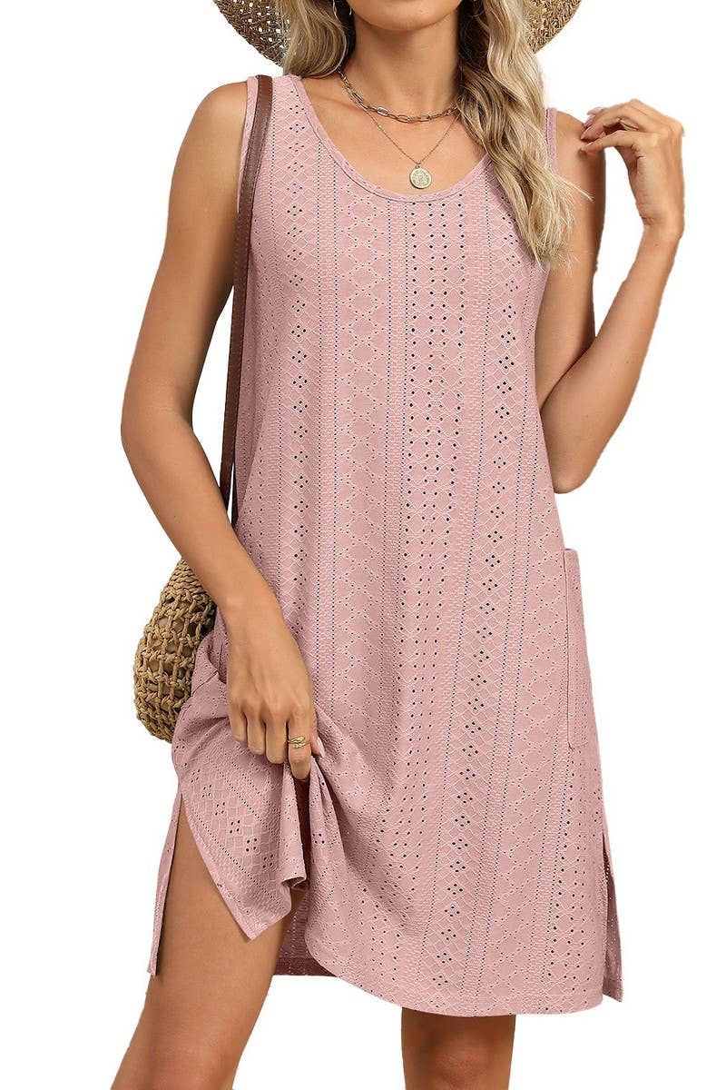 CWDSD7404_ROUND NECK LOOSE SLEEVELESS SOLID COLOR DRESS