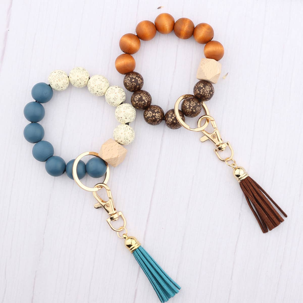 PRINTED WOODEN BEADS SPOTS TASSEL KEYCHAIN_CWMM1323