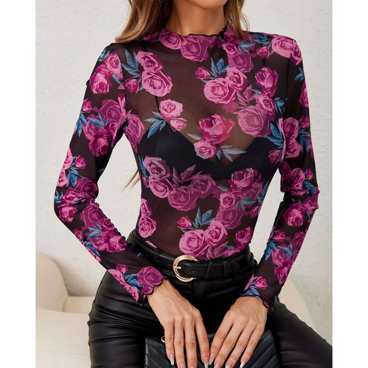 FLORAL-PRINT MESH LONG-SLEEVE MOCK NECK TOP