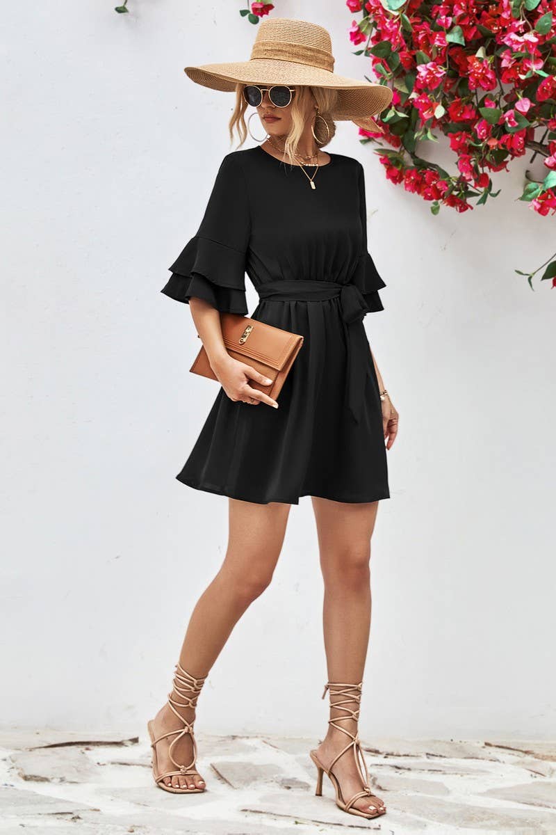 FLARED LOTUS LEAF SLEEVE SOLID COLOR DRESS_CWDSD2639