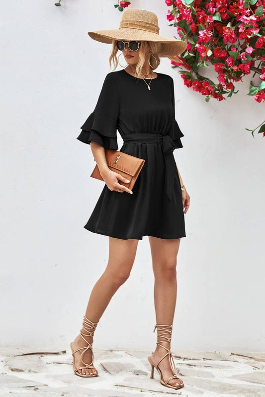 FLARED LOTUS LEAF SLEEVE SOLID COLOR DRESS_CWDSD2639
