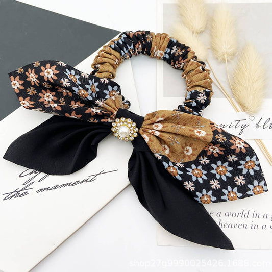 PEARL MOSAIC FLORAL CLOTH BOW HAIR TIE_CWAHA0518
