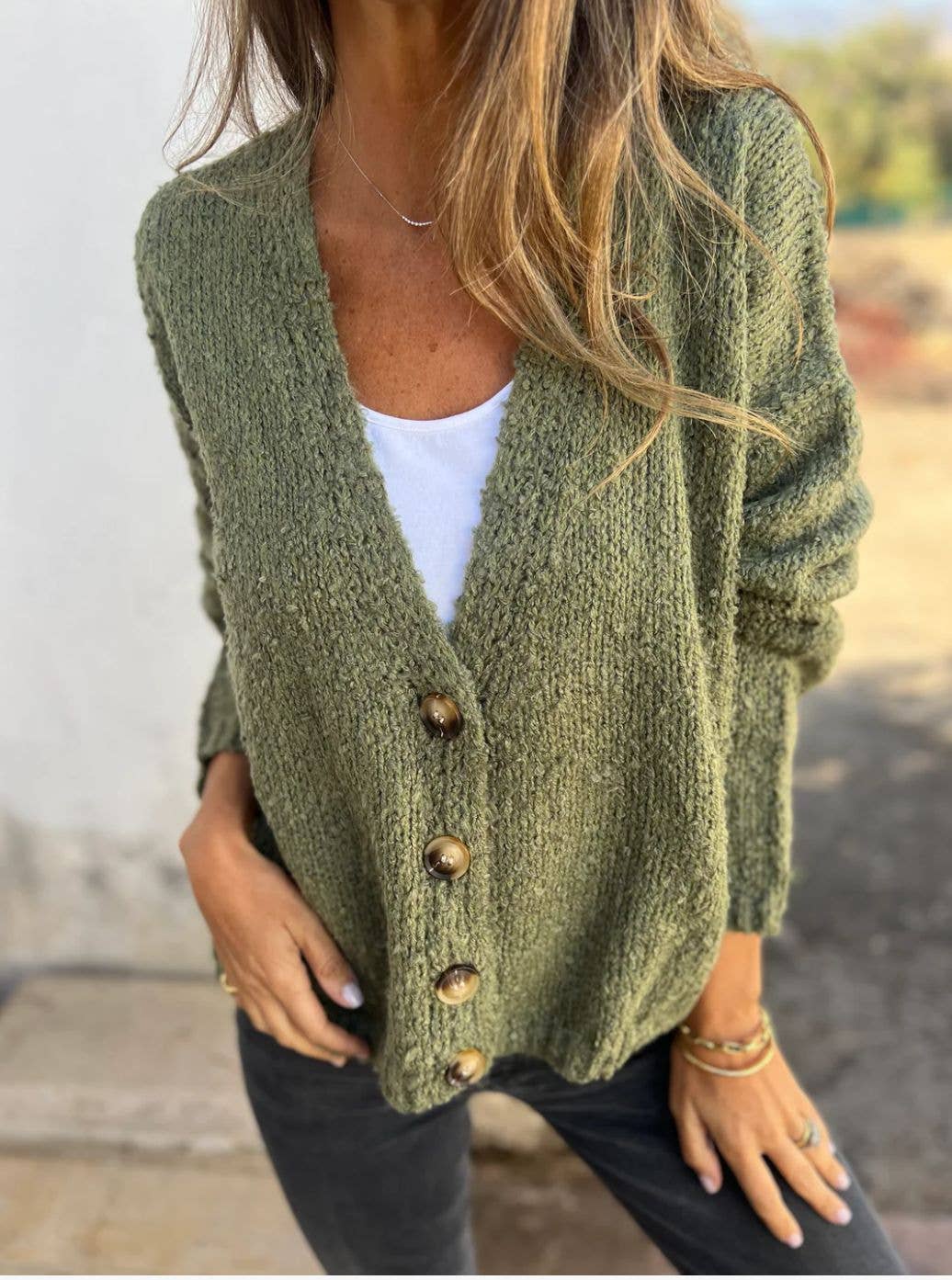 STYLISH SOLID COLOR SINGLE-BREASTED KNIT SWEATER