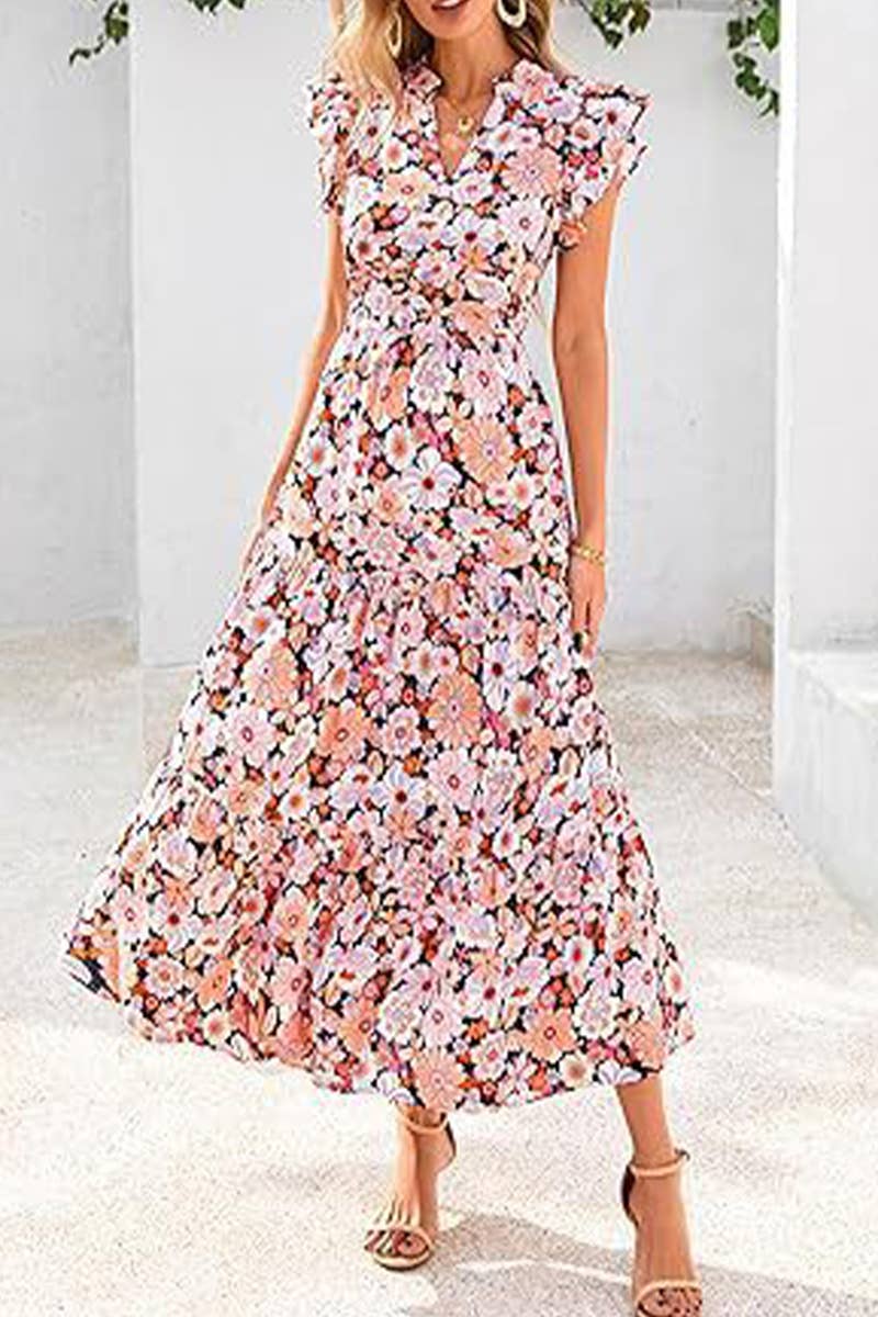 CWDMD6342_V-NECK PLEATED FLYING SLEEVES PRINTED MIDI DRESS