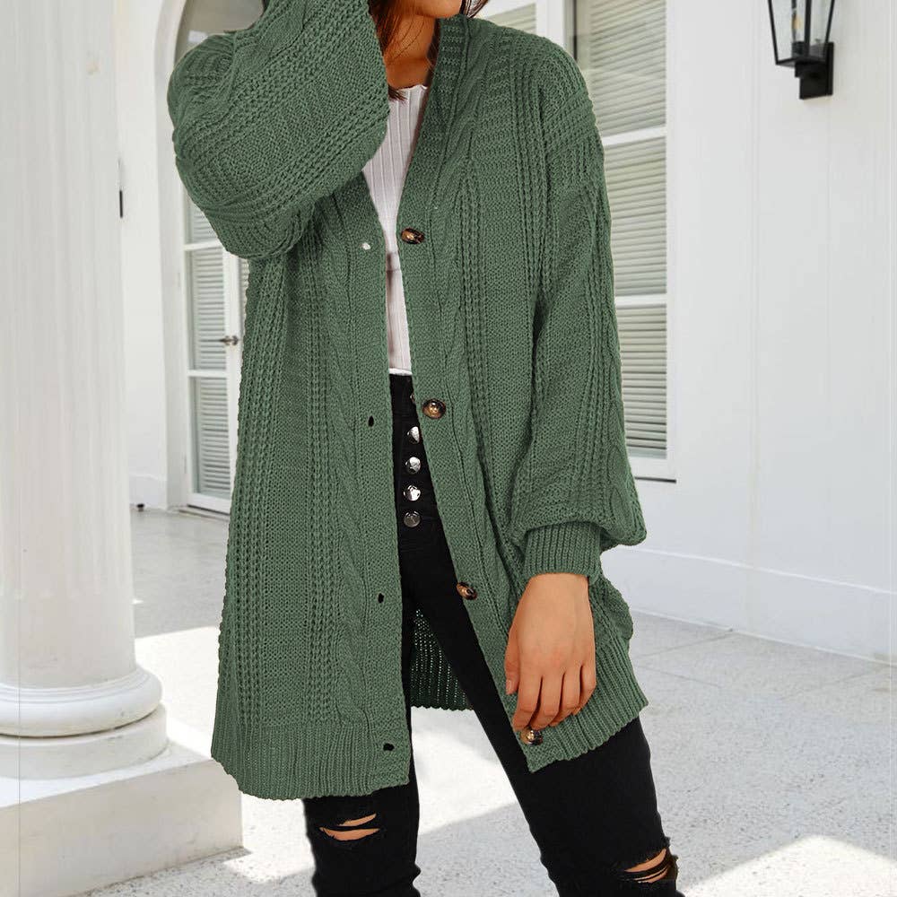 V-neck twist lantern sleeve long cardigan coat