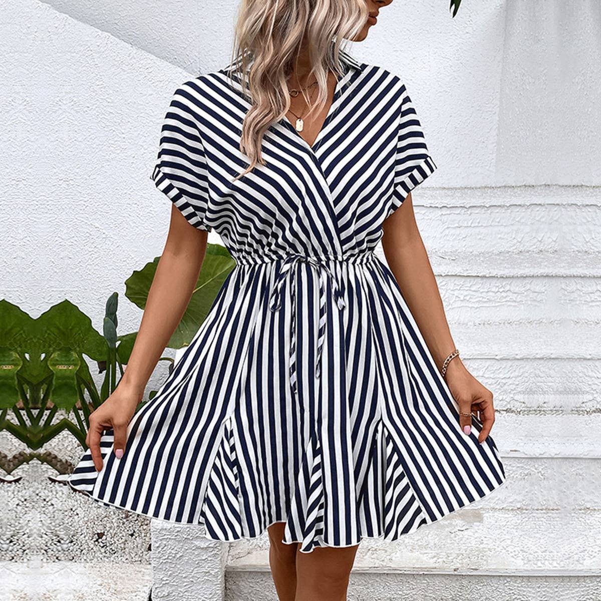 Lapel striped lace-up shirt dress