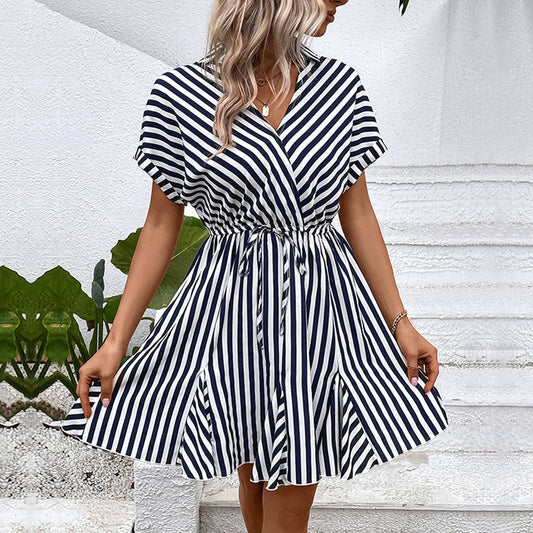 Lapel striped lace-up shirt dress