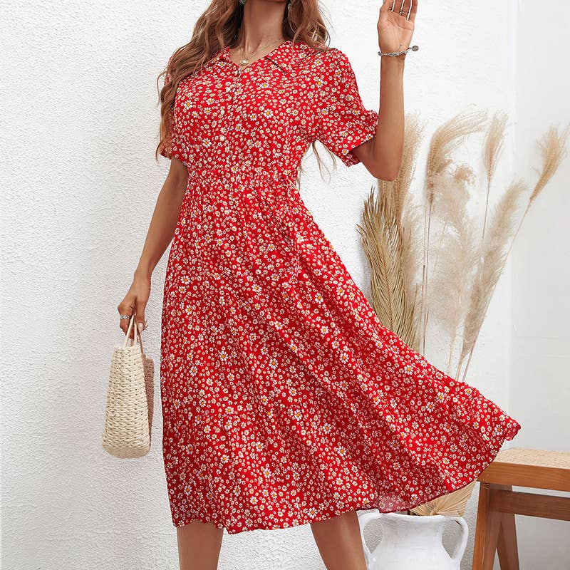 LAPEL FASHION PRINT SLIM SHORT-SLEEVED DRESS