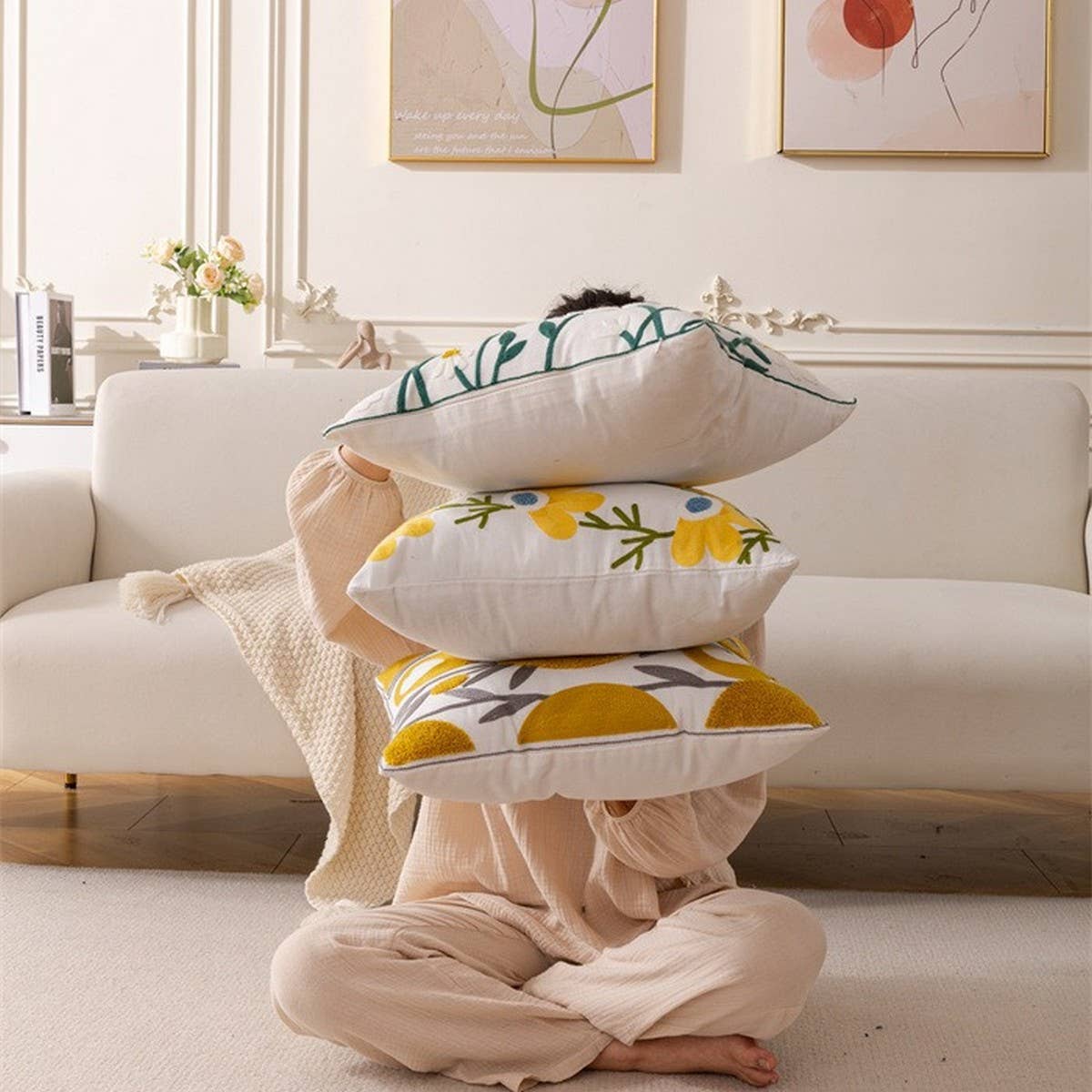 DAISY FLORAL TUFTED PILLOW COVER COTTAGE CHIC DECOR_CWMM7686