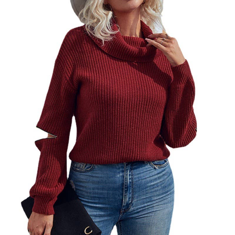 SOLID COLOR LAPEL ZIP-UP SWEATER FOR WOMEN