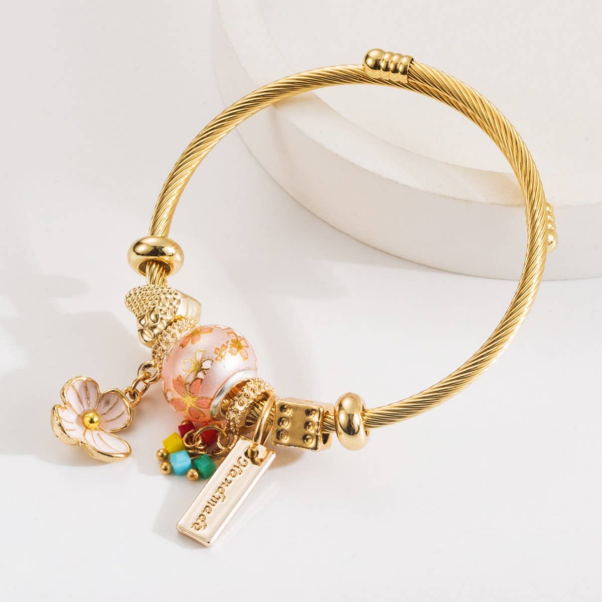 Trendy Beaded Steel Bracelet with Flower Charm