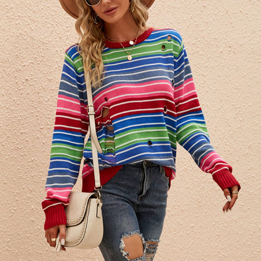 Striped color loose casual ripped sweater