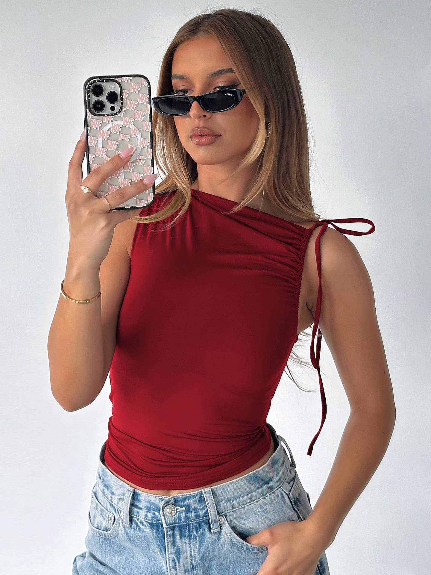 Irregular shoulder drawstring pleated crop top