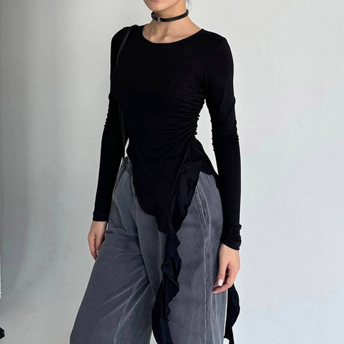 SOLID COLOR ROUND TIE RUFFLED LONG SLEEVE T-SHIRT