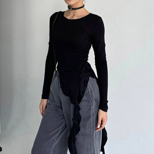 SOLID COLOR ROUND TIE RUFFLED LONG SLEEVE T-SHIRT