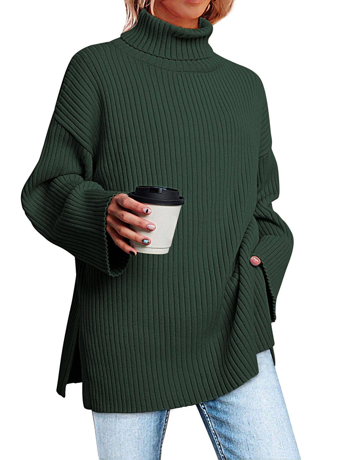 SPLIT TURTLENECK SOLID COLOR RIB KNIT SWEATER